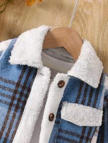 Plush Patchwork Single-Breasted Long Sleeve Checkered Jacket, Versatile For Autumn/Winter - Multicolor - View 4