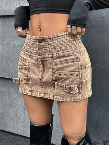 SHEIN ICON Women's Country Concert Boho Khaki Vintage Casual Fashion Street Washed Low Waist Buckle Grommet Detail Mini Skirt, Summer - Coffee Brown - View 1