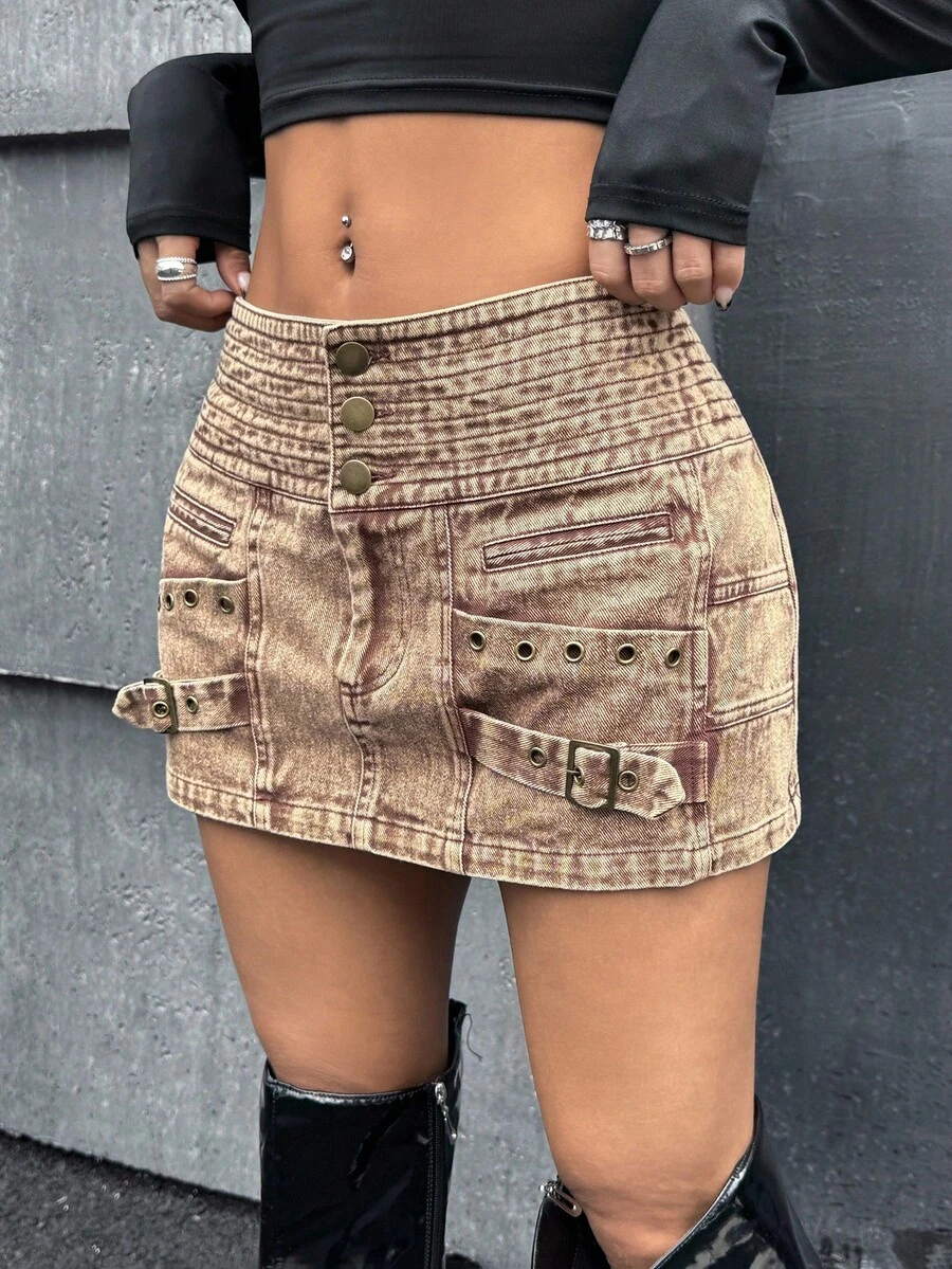 SHEIN ICON Women's Country Concert Boho Khaki Vintage Casual Fashion Street Washed Low Waist Buckle Grommet Detail Mini Skirt, Summer - Coffee Brown - View 1