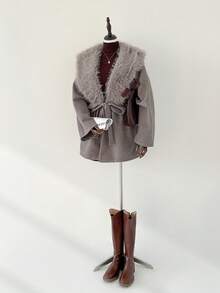 Auralis Plus Size Solid Color Faux Fur Patchwork Long Sleeve Overcoat, Autumn/Winter