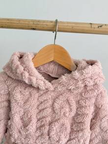 SHEIN 婴儿/女宝宝时尚花卉3D毛绒长袖连帽连衣裙，粉色 - 粉色 - 查看 4