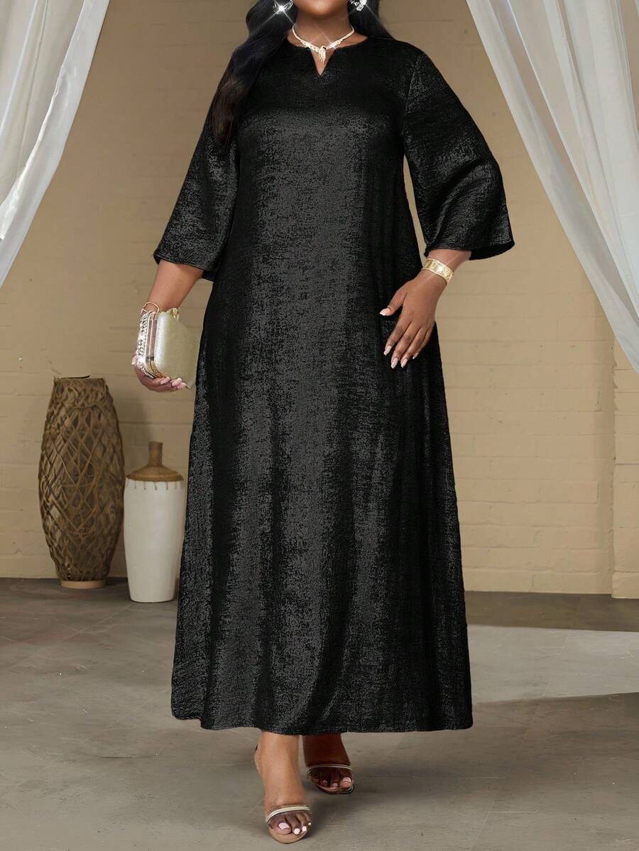 SHEIN Lady 秋冬生日派对礼服加大码V领短袖简约亮面开叉长款休闲连衣裙女士派对礼服金色礼服婚礼宾客礼服女士教堂礼服女士优雅服装 - 黑色 - 查看 1