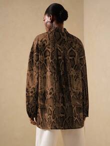 Vesra Women's Minimalist Snake Skin Print Drop Shoulder Long Sleeve Single-Breasted Fashion Shirt Snake Print Top - Coffee Brown - View 2