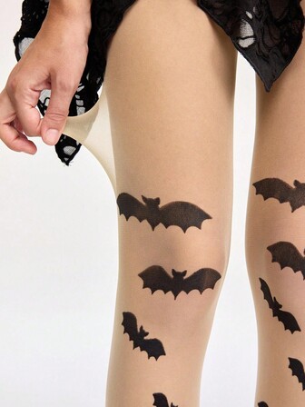 Grunge Punk 1 pieza Pantimedia/Medias negras sexy con diseño de murciélago para mujeres, Halloween