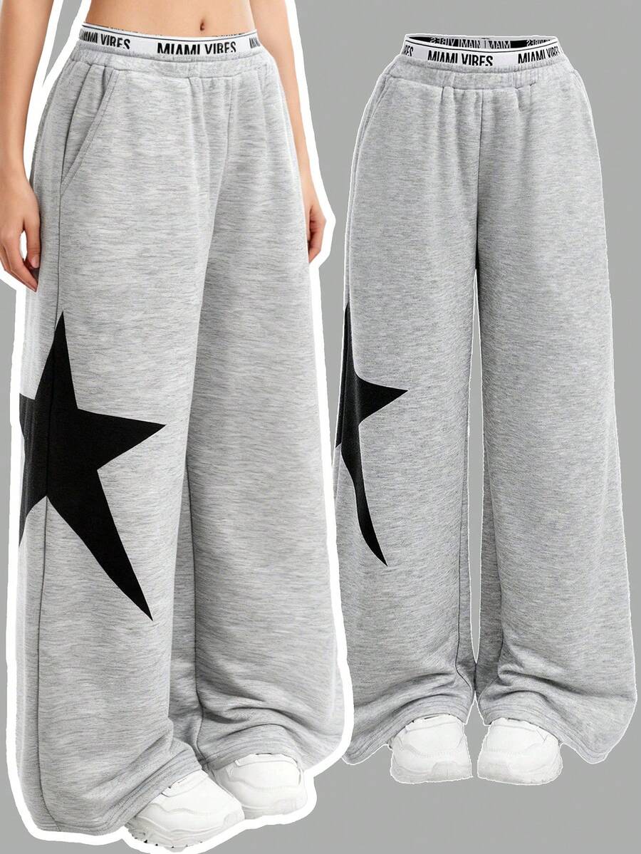 SHEIN Pantalón de chándal con cintura elástica y estampado de estrellas para niñas preadolescentes - Multicolor - Ver 1