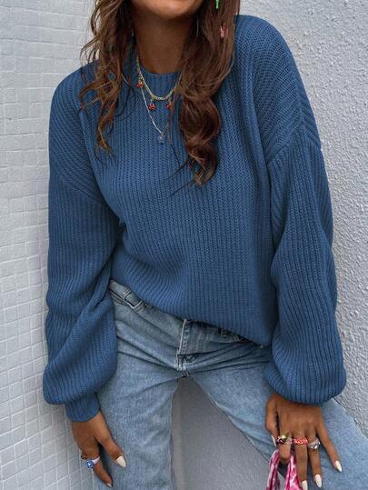 EMERY ROSE Suéter de cuello redondo de unicolor, versátil, de manga larga