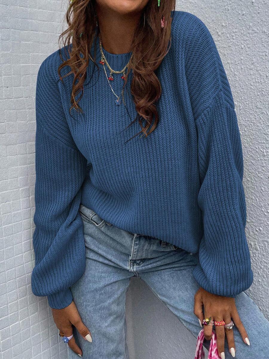 EMERY ROSE Solid Color Crew Neck Casual Versatile Long Sleeve Pullover Sweater - Navy Blue - View 1