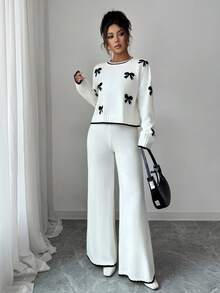 SHEIN Elenzya 女士宽松休闲圆领蝴蝶结提花毛衣和阔腿裤两件套，秋冬 - 杏色 - 查看 7