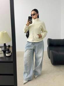 POPSWAY 大码白色休闲修身立领加厚拉链夹克 - 白色 - 查看 5