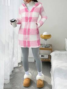 SHEIN EZwear 女士休闲格子连帽保暖外套，秋冬粉白外套，舒适秋季 - 粉色 - 查看 5
