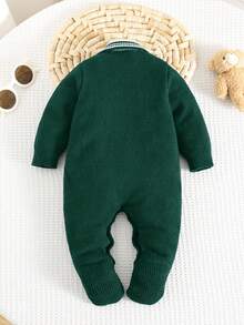 SHEIN Newborn Baby Boy/Girl Turndown Collar Romper Jumpsuit, Cable Knit Texture Sweater Outfit, Suitable For Autumn/Winter Indoor & Outdoor Wear - Dark Green - View 2