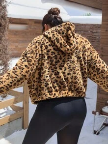 SHEIN EZwear Plus Size Leopard Print Zip-Up Hooded Jacket, Casual Everyday Winter Fall Autumn - Brown - View 9