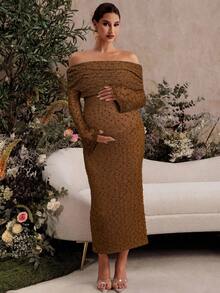 MaterniChic Elegant Party Solid Color Off Shoulder Flare Sleeve Maternity Dress Brown Pregnancy Photoshoot Women Long Off-Shoulder Midi - Brown - View 3