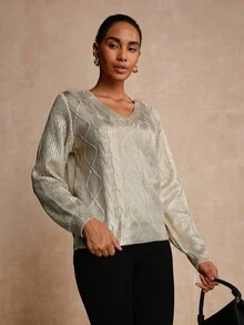 Vesra 春秋亮面金属菱格纹宽松V领针织套头衫