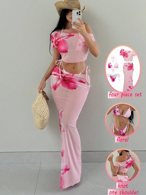 Bonvoyette Conjunto de 4 piezas para vacaciones de mujer: Top de bikini triangular con estampado de cuello halter, Bottom de traje de baño, falda larga tipo pareo y cubrecuerpo