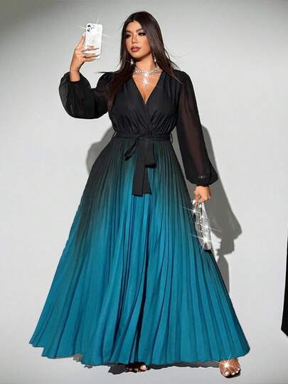 Viva Relle 大码女式优雅渐变色交叉领雪纺透明袖系带蝴蝶结褶皱连衣裙，百搭设计，适合派对、外出