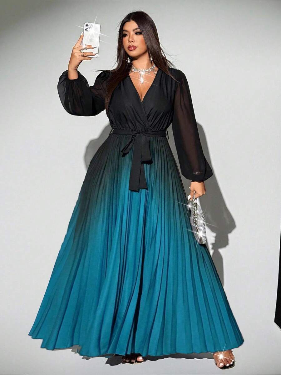 Viva Relle 大码女式优雅渐变色交叉领雪纺透明袖系带蝴蝶结褶皱连衣裙，百搭设计，适合派对、外出 - 彩色 - 查看 1