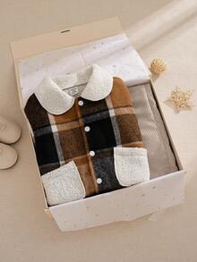 SHEIN 2pcs/Set Toddler Boys' French Retro Thickened Long Sleeve Brown Plaid Jacket And Pants Outfit,Autumn Cute Modest Family Matching Outings School Set - Multicolor - View 3