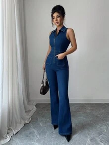 Siren Gaze 女式性感無袖彈性牛仔連身褲,藍色 - 中等水洗藍 - 查看 3