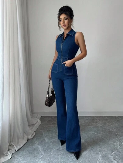 Siren Gaze Women's Sexy Sleeveless Denim Jumpsuit With Elasticity And Pants, Blue