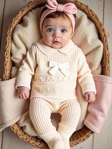 Baby Girls Ruffled Collar Long Sleeve Knitted Sweater&Matching Knitted Leggings 2 Pieces Set,Cream White,Autumn,Flowy,Family Matching Soft Outfit - Apricot - View 4