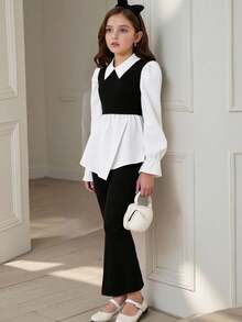 SHEIN Tween Girls Ribbed Collared Shirt & Flare Pants Co-Ord Set, Elegant For Commute And Back To School