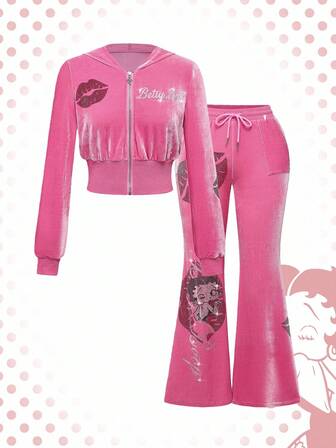 Betty Boop | ROMWE Plus Size Y2K Sweatshirt & Pants Letter Graphic Rhinestone Embellished 2 Pieces Set