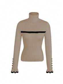SHEIN LUNE Women's Turtleneck Ruffle Button Design Long Sleeve Knit Pullover Sweater With Bow, Tight Fit Thermal Lining - Khaki - View 3