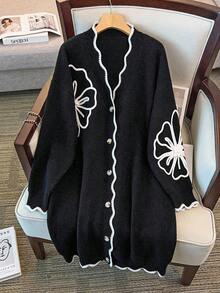 GlowEve CURVE Plus Size Women Rust Floral Knit Cardigan, Thick, V-Neck, Color Block, Versatile, Autumn/Winter