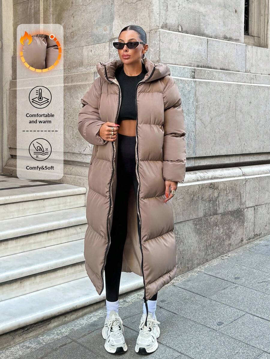 SHEIN Cottnline Plus Size Kontrastfärgad Dragkedja Och Dragkedja Detaljerad, Värmande Funktion Lång Linje Puffer Vinterkappa - Mockabrun - Visa 1