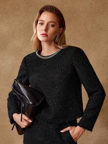 MOTF PREMIUM TWEED CONTRAST SEQUIN RHINESTONE TRIM BLOUSE - Black - View 6