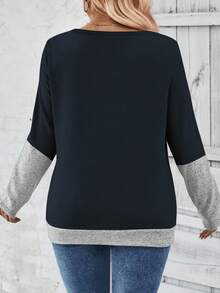 EMERY ROSE Women's Casual Round Neck Long Sleeve Side Pleated Large Button Decor Design Plus Size T-Shirt, Autumn/Winter - Navy Blue - View 2