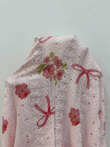 CottageSlumber 女士粉色针织提花玫瑰蝴蝶结图案浪漫连体睡衣，适合秋冬季穿着 - 粉色 - 查看 8