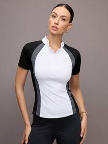 Activina Women's Color Block Raglan Sleeve Half Button Up Fitted Equestrian Jacket - Black and White - View 7