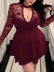 Vibekara 加大码 V 领旗袍领扣蕾丝透明花卉装饰长袖弹力优雅拼布 A 字及膝黑色度假派对鸡尾酒会连衣裙女士 - 酒紅色 - 查看 5
