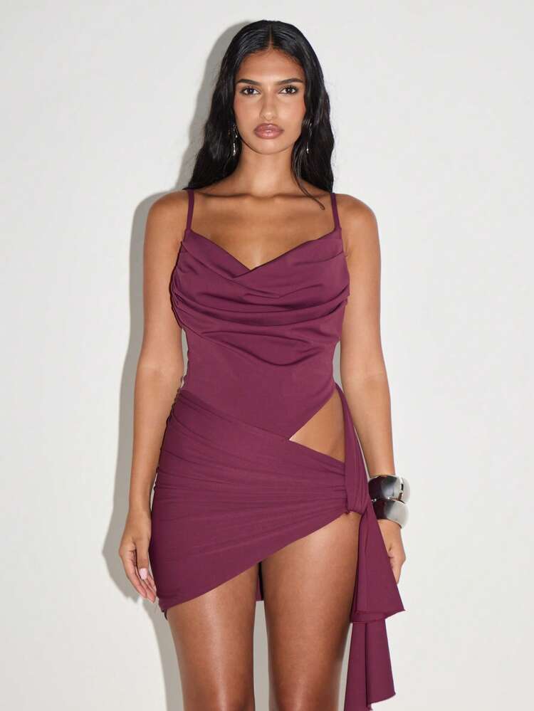 KIZN Draped Cowl Neck Cut Out Mini Dress