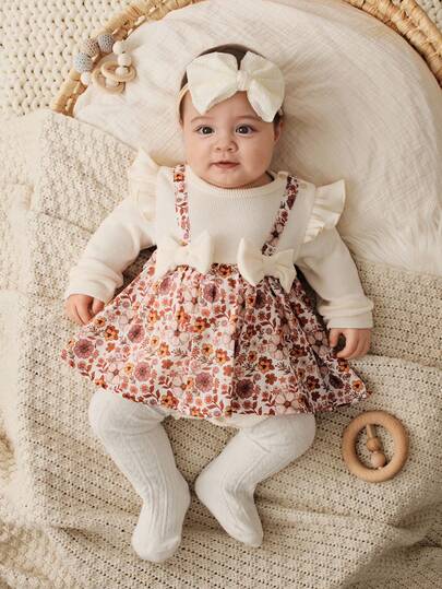 Cozy Pixies Newborn Baby Girl Floral Print Contrast Color Round Neck Long Sleeve Bodysuit, Comfortable Versatile Stylish Daily Cute Pattern Minimalist Basic, Suitable For Indoor, Outdoor Skiing, Daily, Sports, Play, Party, Photography, Holiday Leisure In Autumn/Winter Apricot Baby Girls Vintage Style Puff Sleeve Cream Baby Girl Outfit Baby Thanksgiving Dress Baby Girl Dusty Roses Dress Baby Fall Dress Baby Girl Vintage Style Puff Sleeve Dress Baby Girl Floral Dress Baby Girl Vintage Style Dress