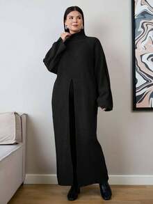 EURMUSE Plus Size Women High Neck Long Sleeve Split Hem Long Sweater - Hitam - View 5