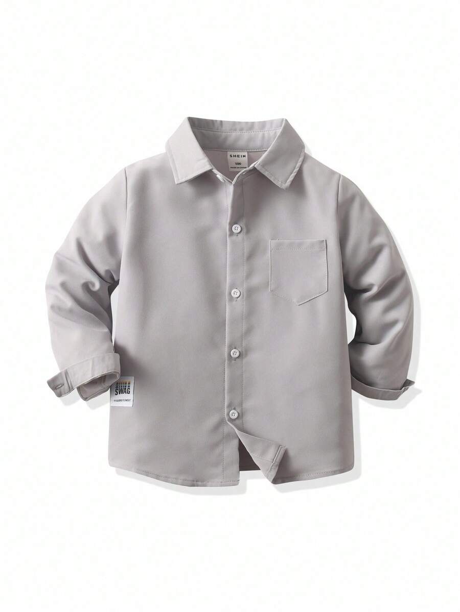 SHEIN 小男孩休闲纯色长袖衬衫,精致小logo装饰,搭配休闲裤,适合日常休闲装、旅行、聚会、度假和上学,适合春秋季节的百搭衬衫。 - 淺灰色 - 查看 1
