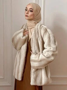 DAZY Women's Fluffy Colorblock Loose Casual Business Jacket, Elegant For New Year, Christmas, Wedding Party, Autumn/Winter Women Coats Modest Fashion - Beige - View 9