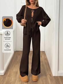 EURMUSE 2pcs/Set Women Solid Color Front Tie Cardigan And Knit Pants, Autumn/Winter - Brown - View 1