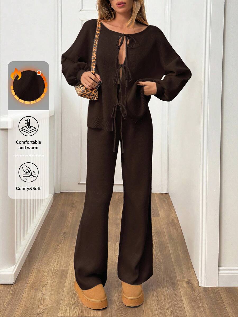 EURMUSE 2pcs/Set Women Solid Color Front Tie Cardigan And Knit Pants, Autumn/Winter - Brown - View 1