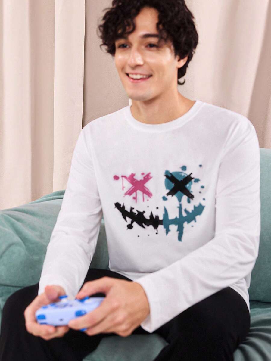 Notgurli Men's Loose Casual Long Sleeve T-Shirt With Cartoon Graphic Design, Fashionable Sleepwear Top Suitable For Loungewear, For Fall - White - View 1