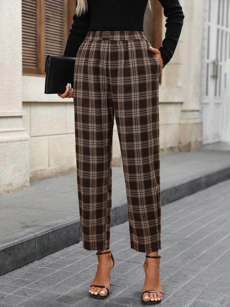 Plus Size Women's Summer Casual Vacation Country Brown Plaid Pocket Harem Capri Pants With Pockets,Early Spring,Spring Break, Vacation Women, Holiday For Women,Spring Women,Going Out,2026 New,Simple And Fashionable For Everyday Wear,Holiday Boho