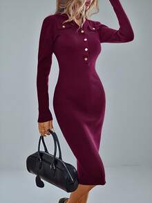 Aveloria Modichic 复古淑女纽扣装饰修身长袖毛衣裙 - 中紫紅色 - 查看 6