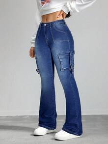 SHEIN Tall 女士牛仔裤性感低腰紧身弹力喇叭裤蓝色牛仔裤高腰女裤 Y2k 牛仔裤女式紧身裤 - 深色水洗藍 - 查看 4
