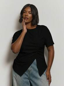 MUSERA 加大码不对称褶皱镂空上衣，可爱优雅浪漫度假曲线，适合集体度假、优雅晚宴等场合。 - 黑色 - 查看 1