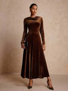 Vesra Women's Elegant Plunging Neck Long Sleeve Velvet Dress Long Brown Dress - Coffee Brown - View 6