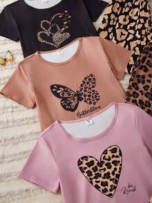 SHEIN 3pcs Girls Leopard, Butterfly & Heart Print Short Sleeve Top And Pants Pajama Set, Suitable For Sisters And Best Friends Cute Girls Tops Girls Casual Printed Crew Neck Short Sleeve T Shirt Girls Shirt Sets Girls Leopard Set Girls Cheetah Set - Multicolor - View 4