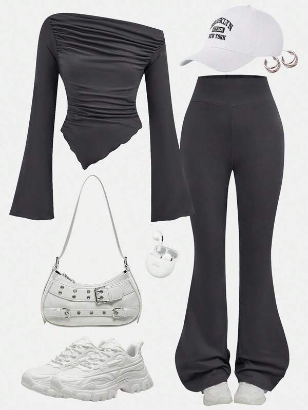 SHEIN Girlism Conjunto informal de 2 piezas para niña preadolescente: Top de punto ajustado de manga larga con pliegues en gris claro y pantalones acampanados, para usar en casa, al aire libre, viajes, aeropuerto, uso diario casual. Conjunto de atuendo completo en gris para niña